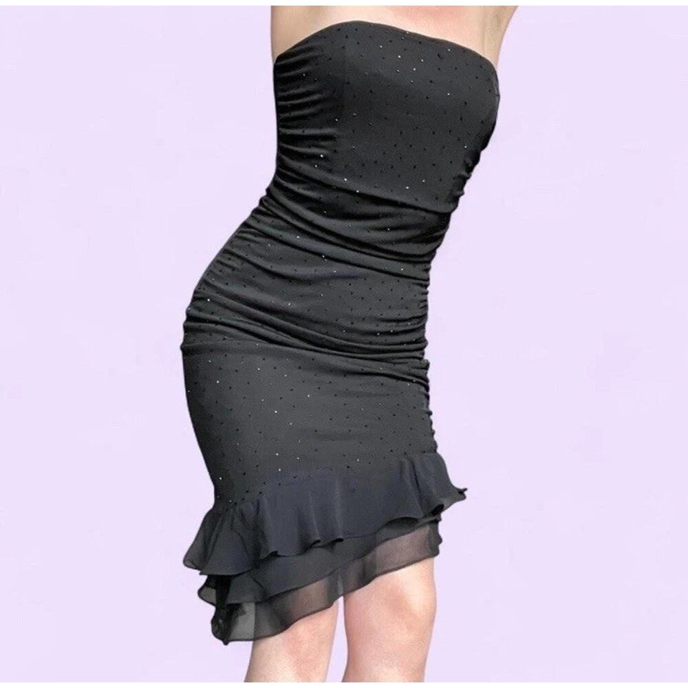 Vintage Caché Black Beaded Midi Asymmetrical Strapless Cocktail Dress Size 8